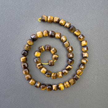 Tiger's Eye Beads, Natural Stone, Faceted Cube, 7x7 mm, 39 cm length on thread