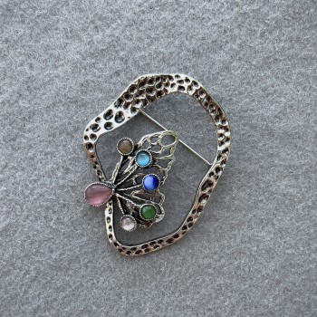 Butterfly Brooch with Multicolored Cat's Eye in Silver Metal 55×43mm+