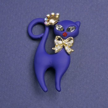 Brooch Kitty matte blue with crystals silver metal 43x29mm+