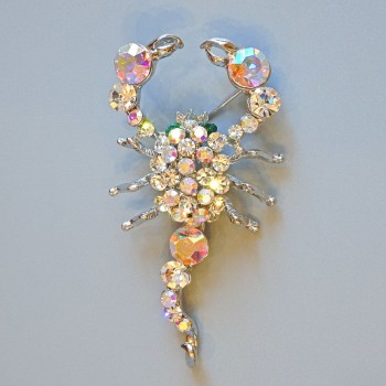 Scorpion Brooch with White and Green Crystals, Silver Metal 70x37mm+