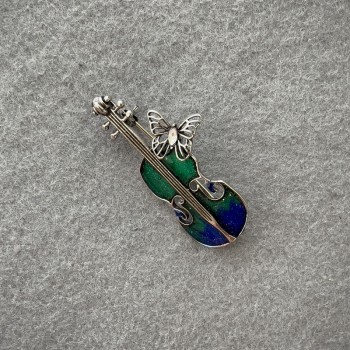 Брошка Скрипка блакитка та синя емаль з блистинками срібний метал 47х24мм+