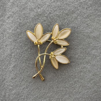 Flower Brooch with White Cat's Eye in Golden Metal, 58x49 mm+