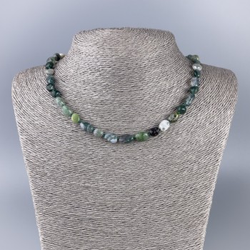 Moss Agate Necklace with natural stone, faceted beads, diameter 8×10 mm ±, length 47 cm ±