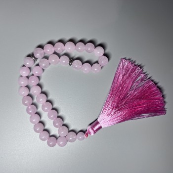 Pink Quartz Prayer Beads, Natural Stone, Smooth Beads, 10 mm Diameter ±, 33 Beads, with Metal Inlays