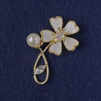 Brooch Flower with White Mother-of-Pearl, Crystal, Bead, Gold-Tone Metal 33x51mm