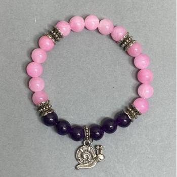Sugilite, Natural Stone and Pink Quartz Bracelet (artificial acrylic) with Smooth Beads, 8mm Diameter, 18 cm Length ± (Stretch) with Inserts