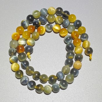 Yellow-Gray Cat's Eye Beads, natural stone, smooth round beads, diameter 6.5 mm, length 38 cm on thread
