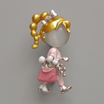 Brooch-pendant 'Girl' White cat's eye stone, pink and white enamel, silver metal 16x35mm