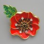 Poppy brooch pendant red and green enamel, white and green crystals, golden metal 38x45mm