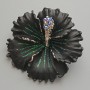 Petunia Flower Brooch-Pendant with Black Matte Enamel, Blue Crystals, Green Glitter, Silver-Tone Metal 51x51mm