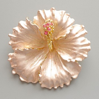Brooch pendant Petunia Flower white matte enamel, pink crystals, glitter, gold-tone metal 51x51 mm