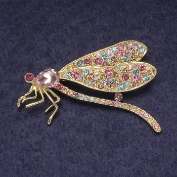 Butterfly brooch-pendant with pink crystal, multicolored rhinestones, gold-tone metal 55x35mm