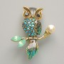 Brooch-pendant Owl blue and black enamel, blue and green crystals, white bead, gold-tone metal 31x38mm
