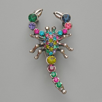 Scorpion Brooch Pendant with Multicolor Crystals, Silver-Tone Metal 28x54mm