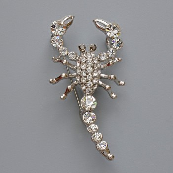 Brooch-pendant Scorpion with White Crystals, Silver-Toned Metal 28x54 mm