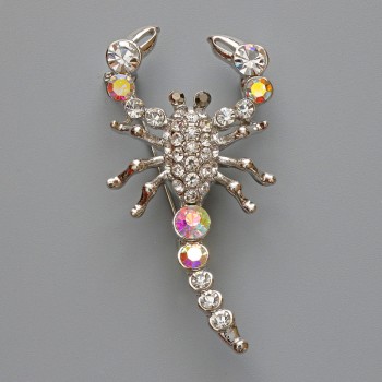 Scorpion Brooch Pendant with White and Chameleon Crystals, Silver-Toned Metal 28x54 mm
