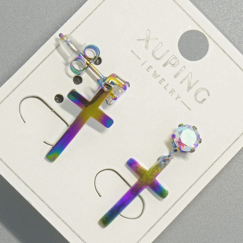 Stud earrings 'Cross' Xuping with a gasoline shade and a pink crystal, diameter 10x18 mm, length 24.5 mm+