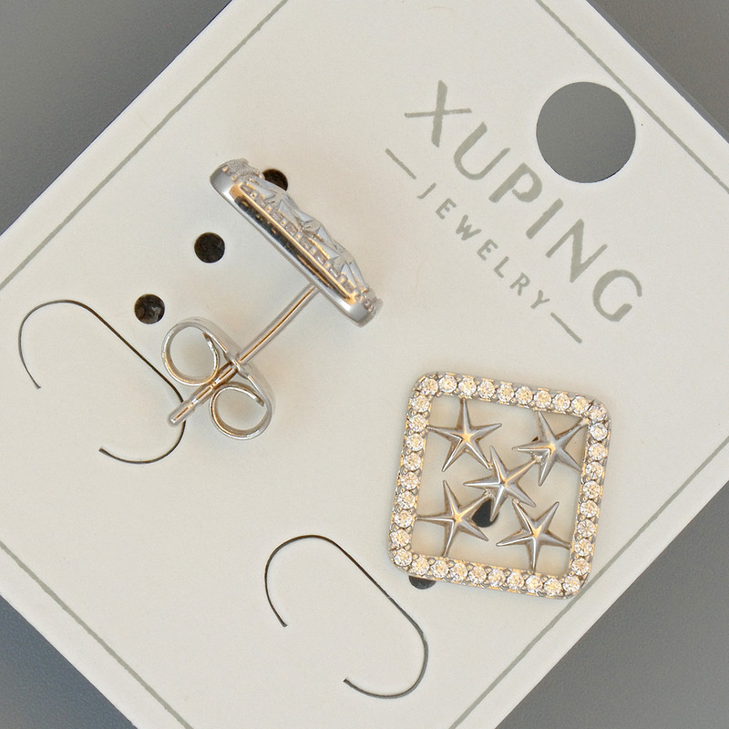 Xuping 'Stars' Stud Earrings with White Rhinestones, 12 mm Diameter, Rhodium