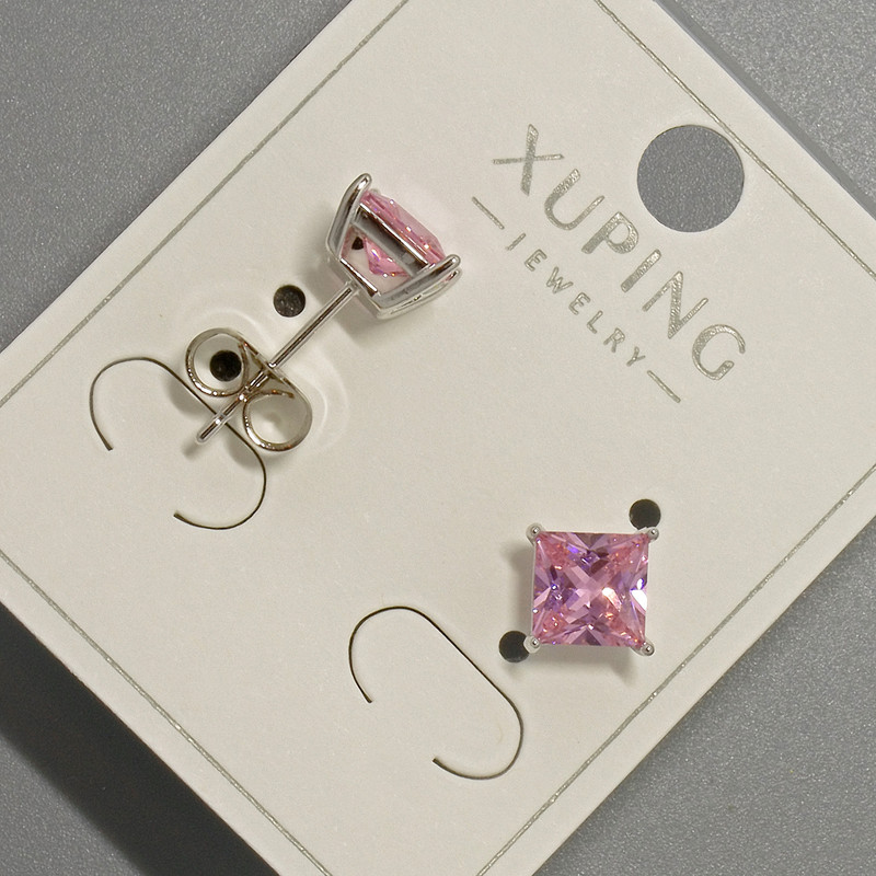 Xuping Stud Earrings with Pink Crystal, Diameter 6mm ± Rhodium Plating