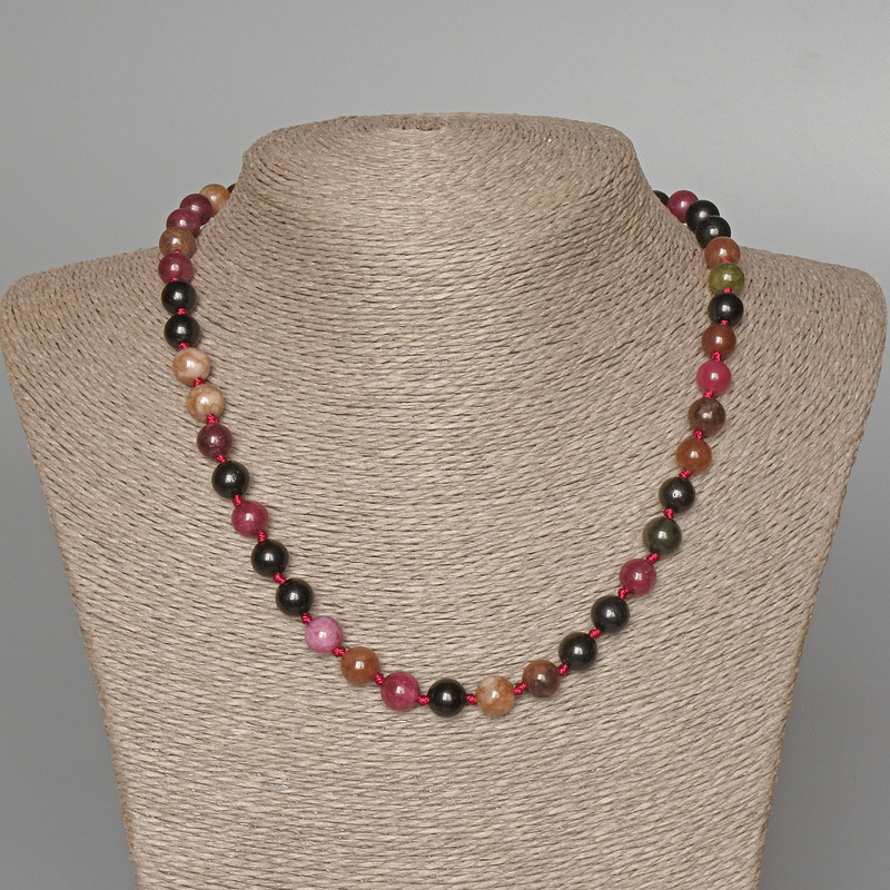 Tourmaline Necklace with Natural Stone, Smooth Beads, 8 mm Diameter, 49 cm Length