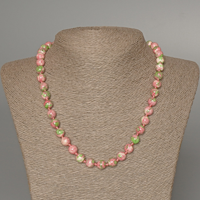 Necklace 'Variscite' (synthetic acrylic) pink, white and green colors, smooth bead, diameter 8.5 mm, length 48 cm+