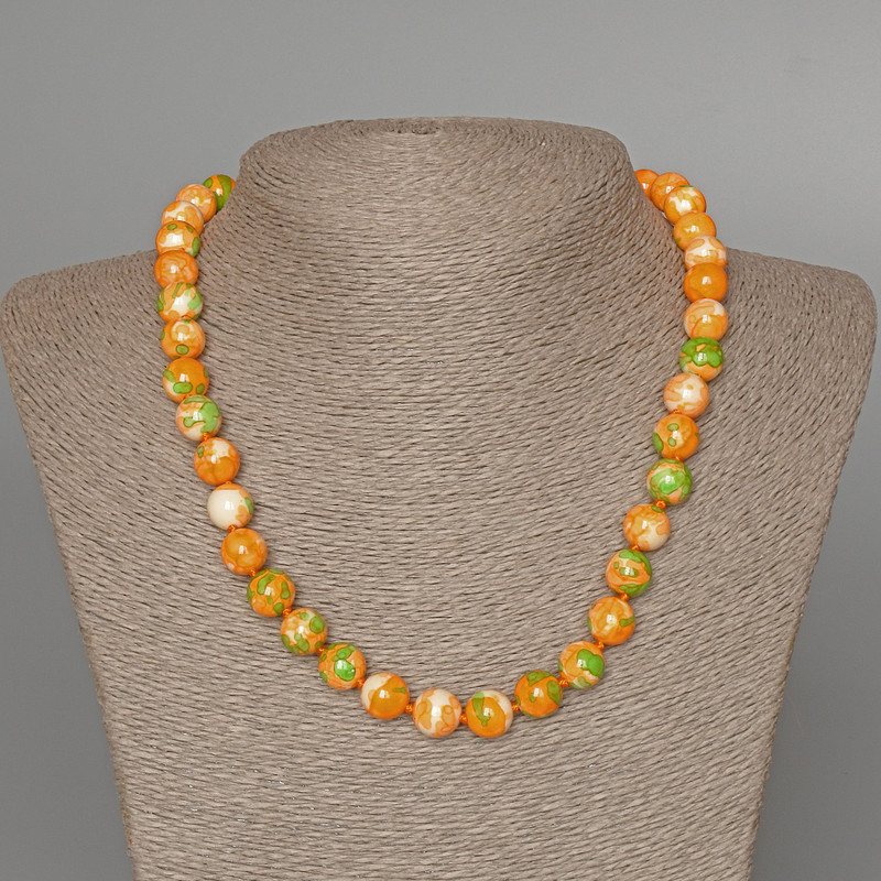 Necklace 'Variscite' (acrylic) green, orange and white colors, smooth bead, 10 mm diameter, length 47 cm