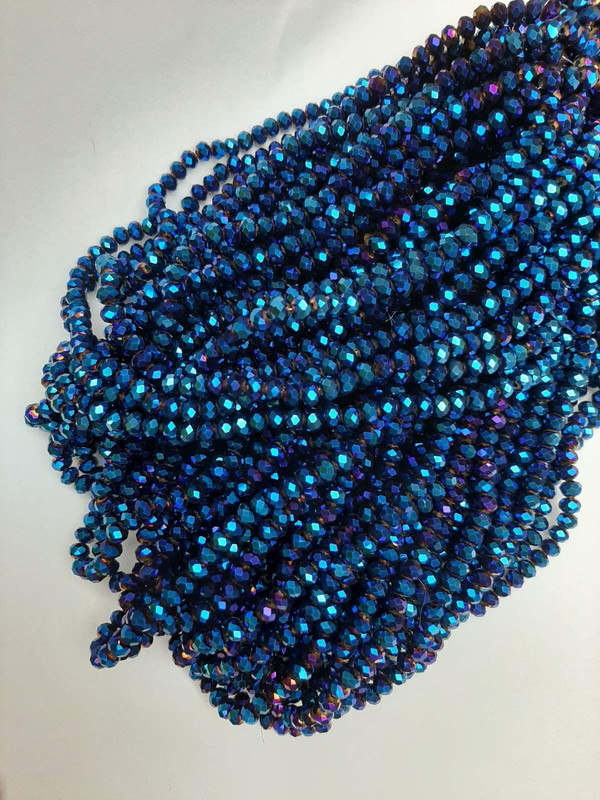 Beads Czech Crystal blue with a "Gasoline" tint, faceted rondelle, diameter 6x4.5 mm, length 38 mm on a thread