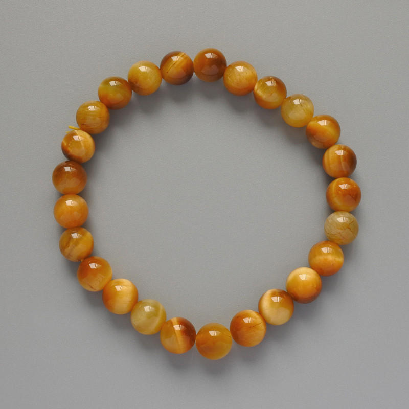Yellow Cat's Eye Bracelet, Natural Stone, Smooth Beads, Diameter 8.5 mm, Length 18 cm ± (Stretch)