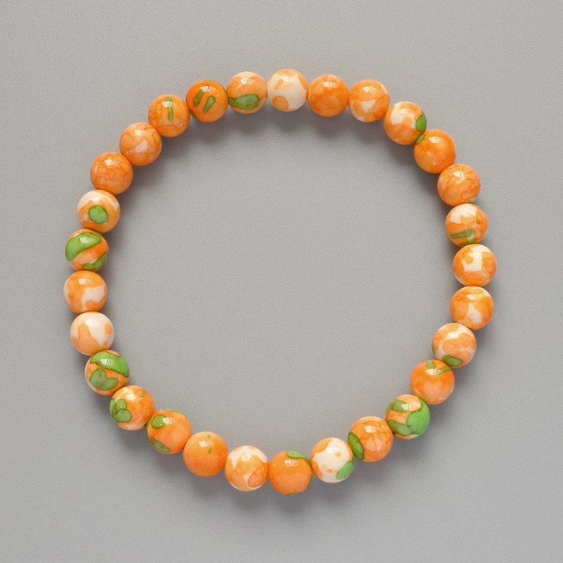 Bracelet 'Variscite' (artificial acrylic) green, orange and white colors, smooth beads, diameter 7 mm ±, length 18 cm ± (stretch)