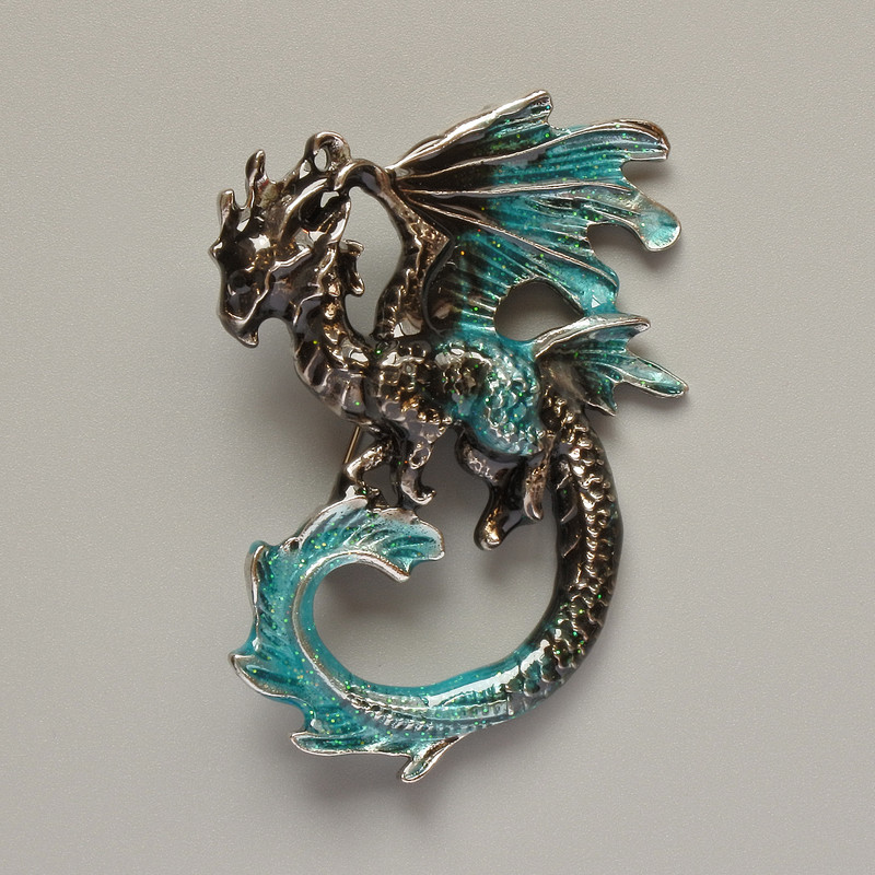 Dragon Brooch Pendant with Black and Turquoise Enamel and Glittering Accents, Silver-Toned Metal 42×58 mm