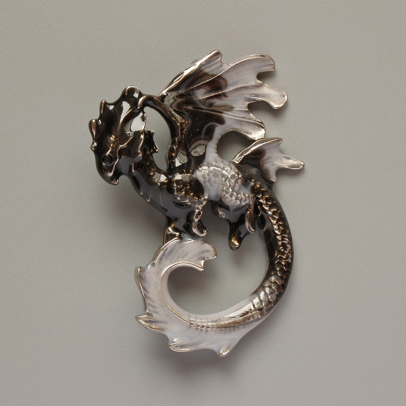 Dragon brooch pendant with black and gray enamel and silver-toned metal, 42×58 mm