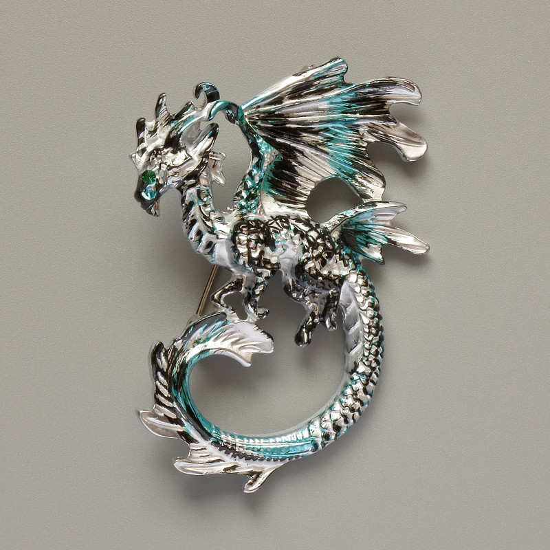 Dragon brooch pendant with blue, black, and gray matte enamel on silver-toned metal 42×58 mm