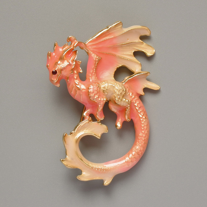 Dragon Brooch-Pendant Pink and Beige Enamel on Gold-Toned Metal 42 x 58 mm