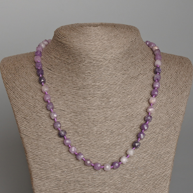 Lepidolite Necklace, natural stone, faceted cube beads, diameter 7 mm ±, length 50 cm