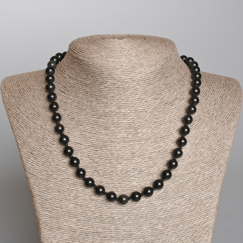 Necklace in Silvery Obsidian Natural Stone, Smooth Bead, 8mm Diameter, 49cm Length