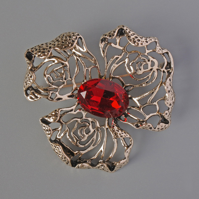 Flower Brooch-Pendant with Red Crystal, Silver-Tone Metal 52x52 mm