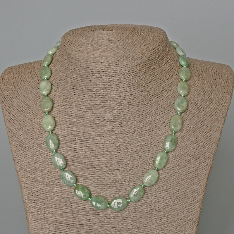 Jadeite Necklace with natural stone, oval beads, diameter 10x14 mm+-, length 49 cm+
