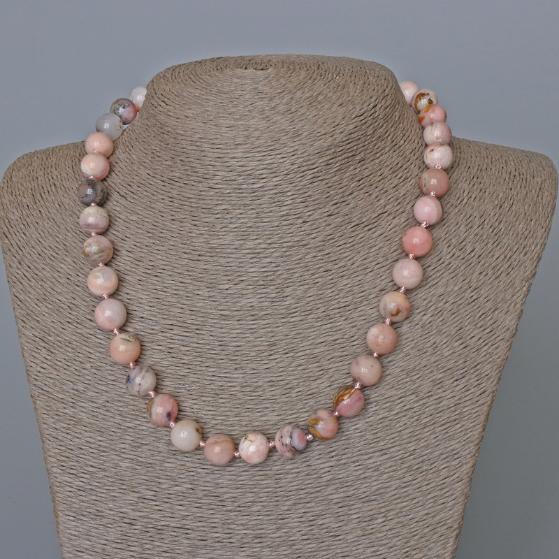 Necklace with Pink Opal natural stone smooth beads, diameter 10 mm, length 48 cm