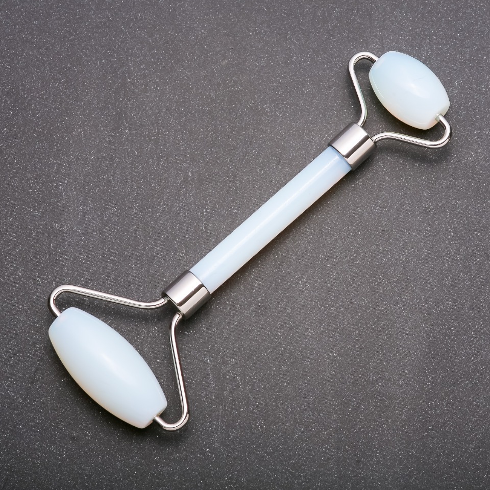 Moonstone Massager (synthetic), 14 cm long, silver metal