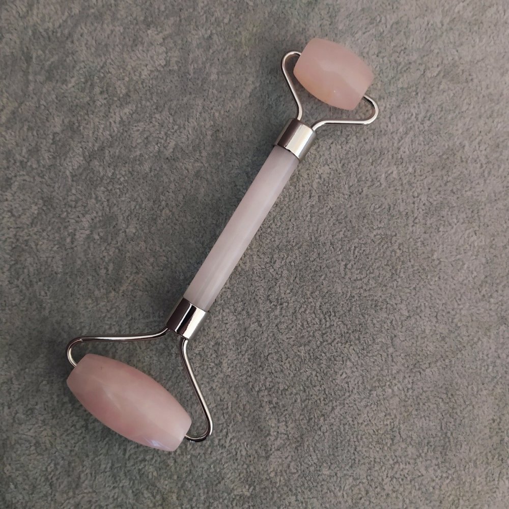 Rose Quartz Stone Massager, Double-Sided, 14.5 cm, Silver-Colored Metal