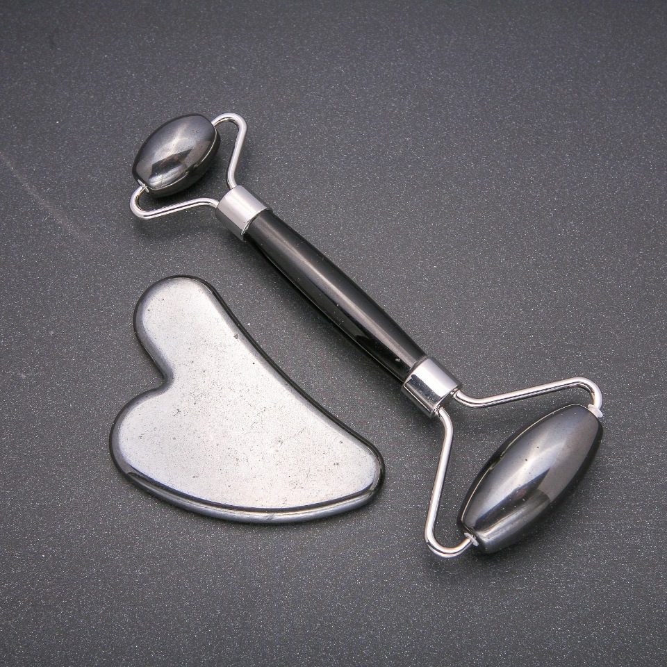 Hematite Natural Stone Massage Set - Roller Massager (about 14 cm) + Gua Sha (5×8 cm ±), Silver Metal