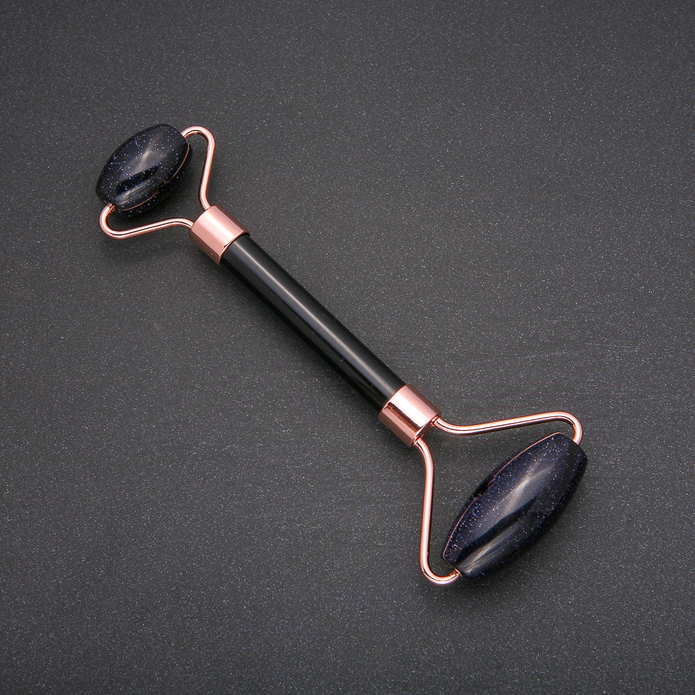 Aventurine Roller Massager 'Night of Cairo' Blue Sand, length 14.5 cm, copper-colored metal finish