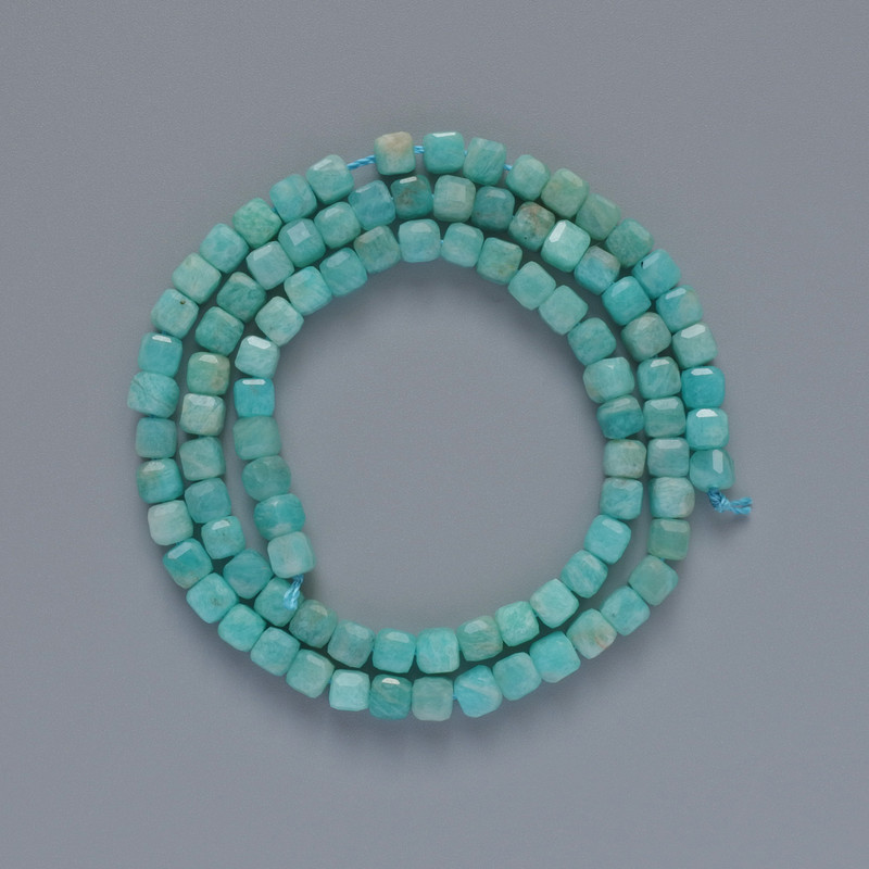 Amazonite Beads, Natural Stone, Faceted Cubes, 4 mm Diameter ±, 39 cm Length ± on Thread