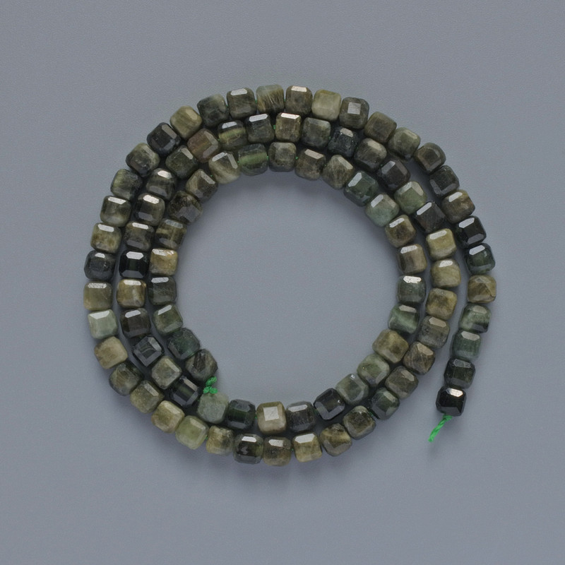 Beads Green Tourmaline, natural stone, faceted cube, 4mm diameter ±, 39cm length ±, on thread