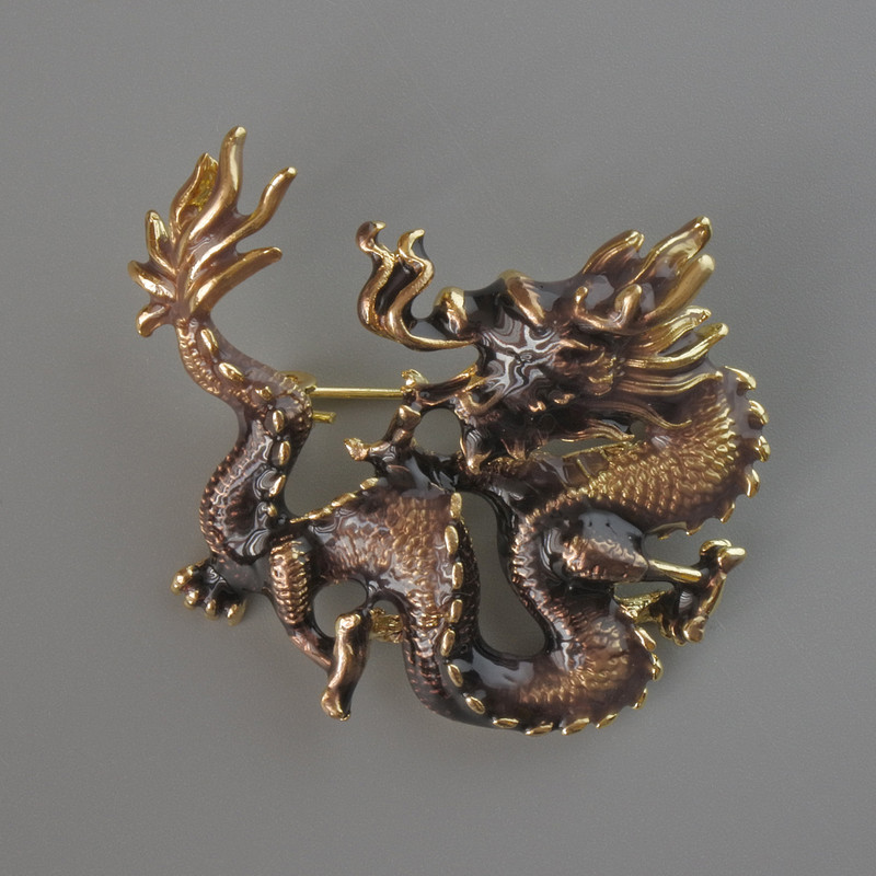 Dragon Brooch Pendant with Brown Enamel, Golden Metal 44x37 mm