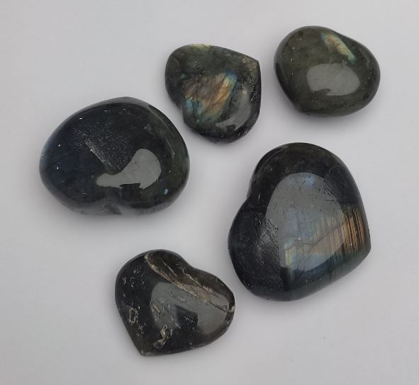 PRICE (per 100 g) Labradorite Heart Souvenir Stone, Assorted Sizes 34x30 mm, 54x47 cm+