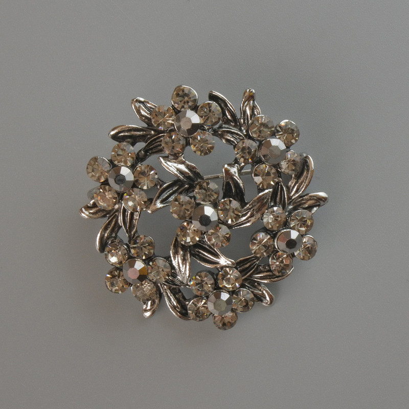 Flower Brooch with Gray Rhinestones, Silver Metal 37x37mm