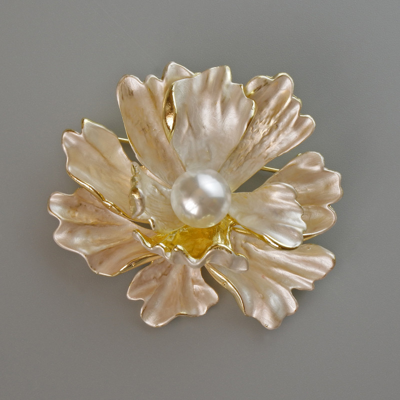 Flower brooch-pendant with white matte enamel and white bead, golden metal 46x43mm