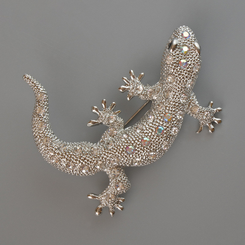 Lizard Brooch-Pendant with White and Pink Rhinestones, Light-Silver Metal 54x46 mm