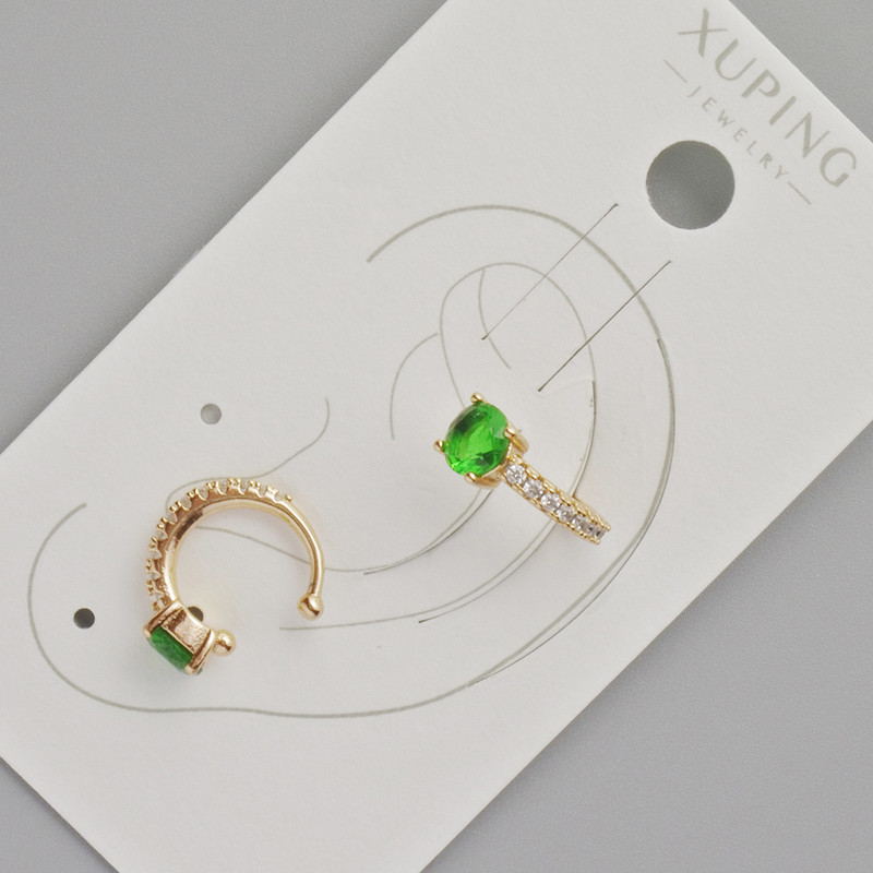 Kaf Xuping with a Green Crystal and White Rhinestones, Diameter 13×5 mm, 18K Gold Plated